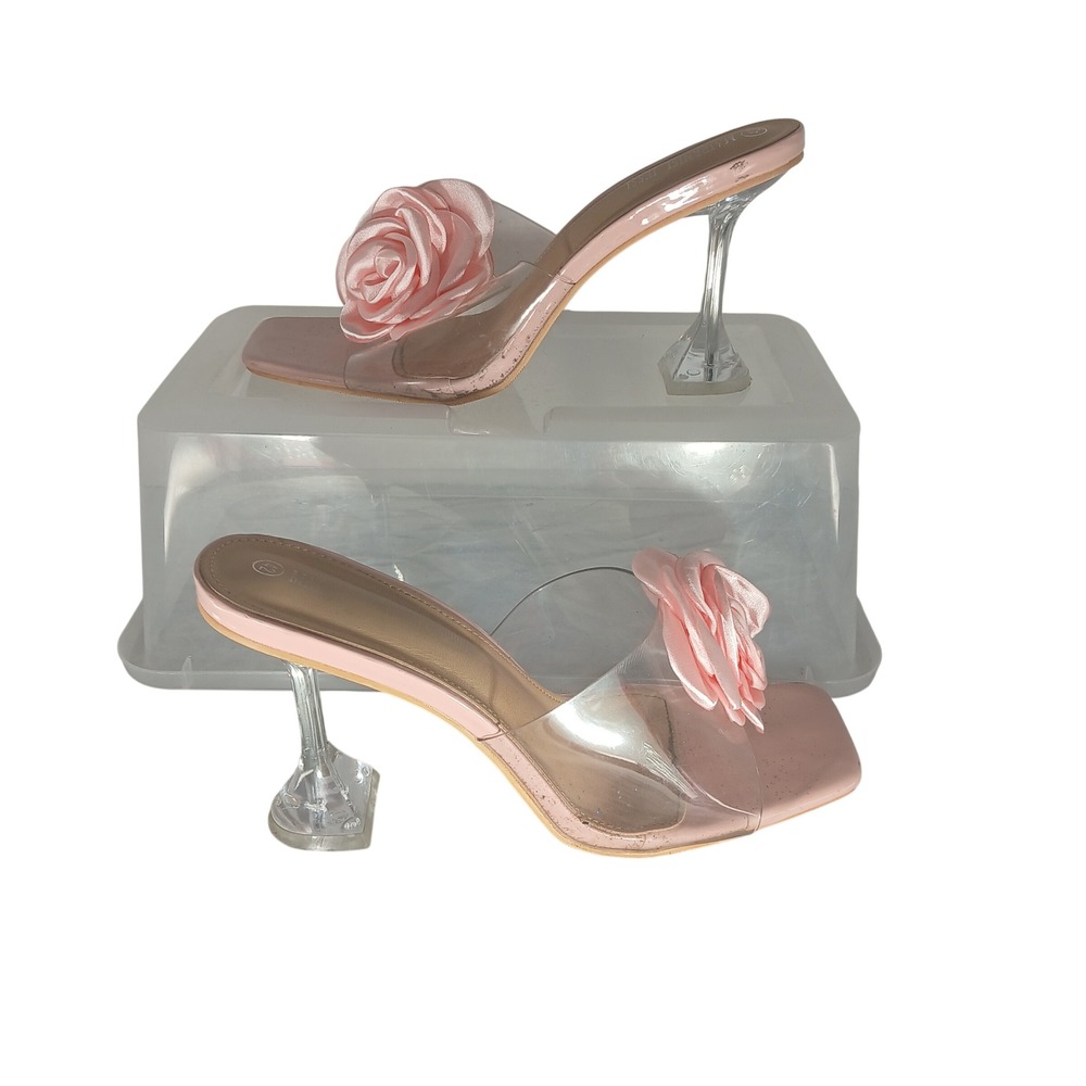 Maiernisi Jessi‎ Pink Rose Clear Square Toe Flared Heel Slide Mules Size 42